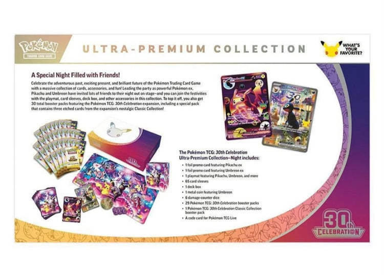 Back of Pokémon TCG 30th Celebration Night Ultra-Premium Collection packaging showing contents and Pikachu ex and Umbreon ex promos