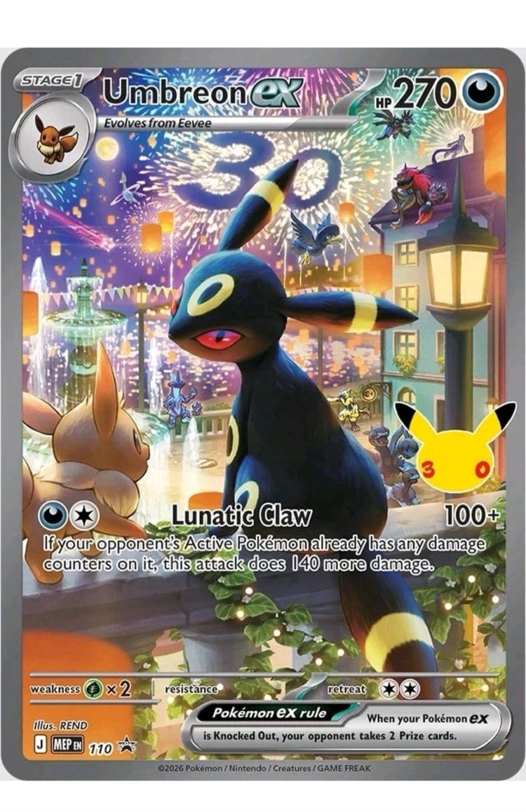 Umbreon ex foil promo card with nighttime festival artwork and Pokémon 30th anniversary Pikachu stamp