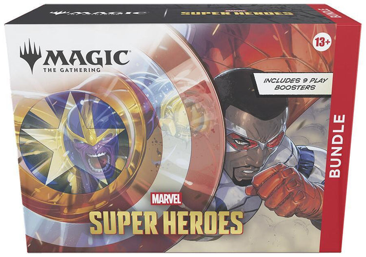 Magic: The Gathering Marvel Super Heroes Bundle box featuring Captain America's shield and Sam Wilson, labeled includes 9 Play Boosters