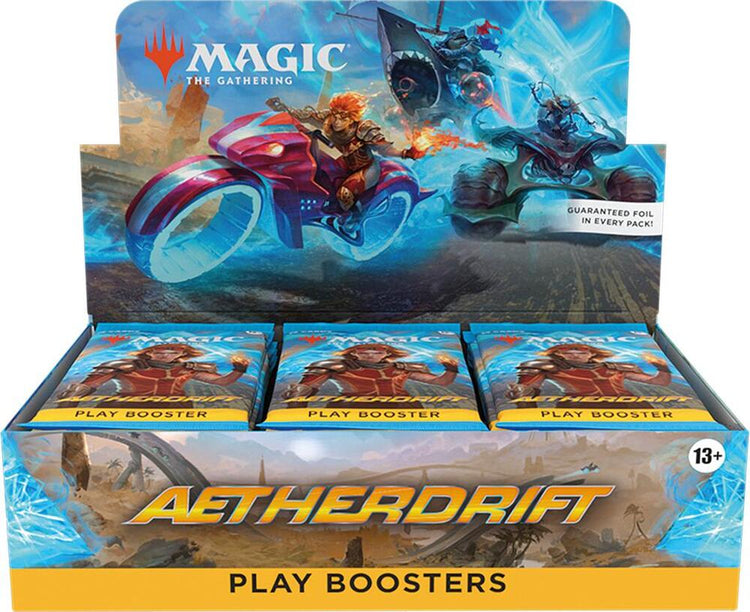 Magic: The Gathering Aetherdrift Play Booster Box featuring fantasy racers and vehicles with blue artwork and yellow Play Boosters labeling