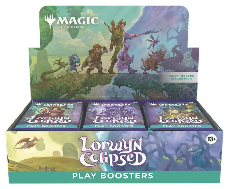 Magic: The Gathering Lorwyn Eclipsed Play Booster Box with green and purple fantasy artwork and teal Play Boosters labeling