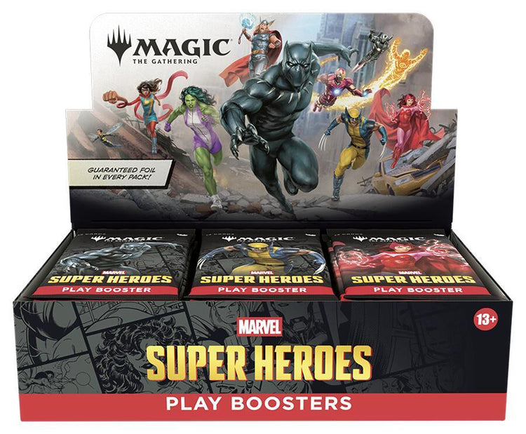 Magic: The Gathering Marvel Super Heroes Play Booster Box featuring Black Panther and other Marvel heroes, with red Play Boosters labeling