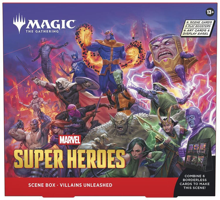 Magic: The Gathering Marvel Super Heroes Villains Unleashed Scene Box showing Thanos, MODOK, Loki, Kang, and other Marvel villains in a fiery battle scene