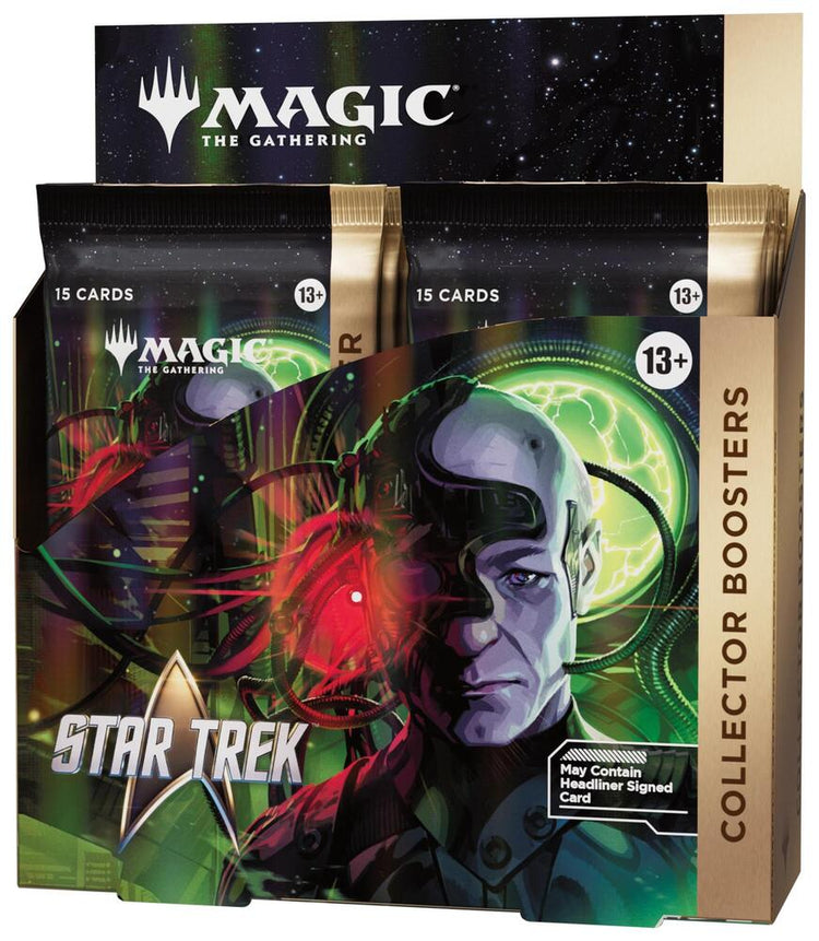 Magic: The Gathering Star Trek collector booster pack display box featuring a space-themed design with a Star Trek character portrait and green energy effects.