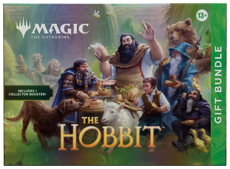 Magic: The Gathering The Hobbit Gift Bundle box featuring Bilbo, Gandalf, and the Dwarves feasting, includes 1 Collector Booster