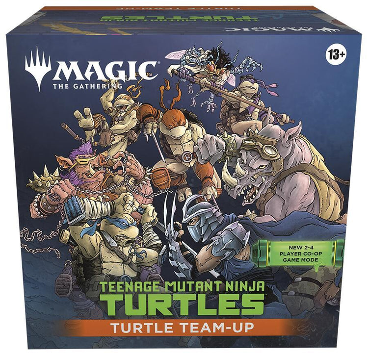 Magic: The Gathering Teenage Mutant Ninja Turtles Turtle Team-Up box showing the four Turtles battling Shredder, Bebop, and Rocksteady, labeled new 2-4 player co-op game mode